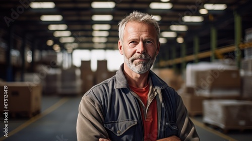 A middle-aged man stands in a warehouse, factory worker