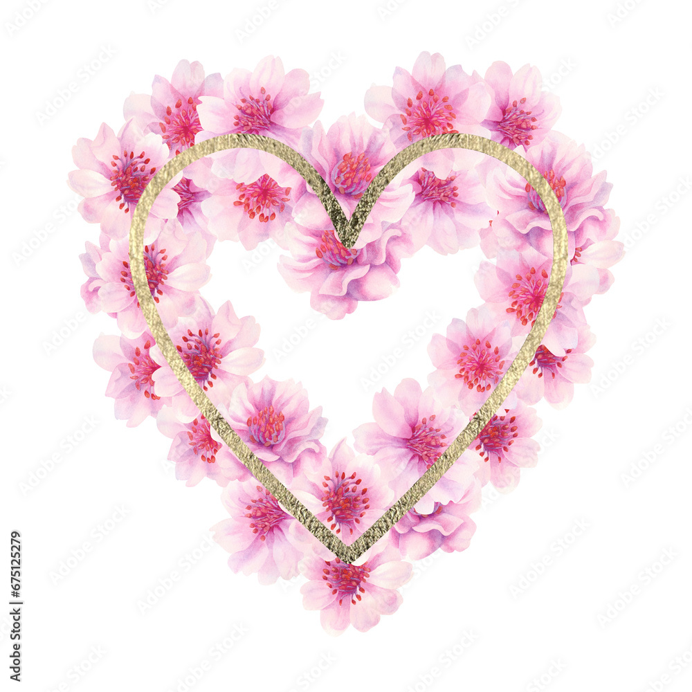 Watercolor pink heart drawn from cherry blossom flowers
