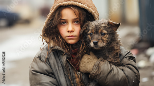 Resolute girl holding a puppy, both looking at the camera in the rain.