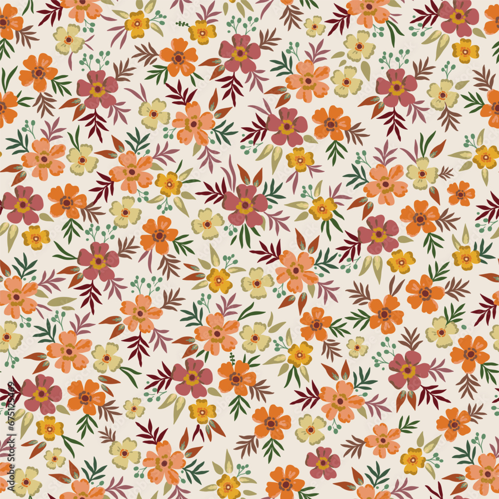 Colorful large-scale floral vector seamless pattern, hand-drawn. Nostalgic fashion textiles in retro style with burgundy, yellow and orange flowers on a light background.
