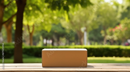 Cardboard box on wooden table in a park.