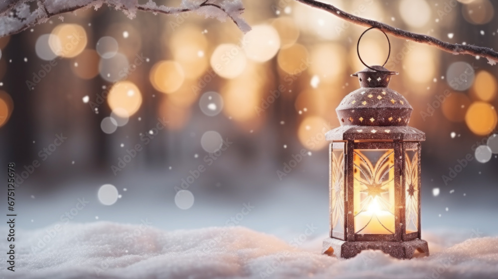 Christmas Lantern On Snow With Defocused background Christmas Lantern On Snow With Defocused background