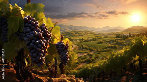 Ripe grape clusters overlook a lush valley at sunset.