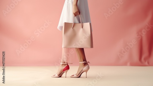 Close-up shot of Woman with legs holding shopping bags against light pink background