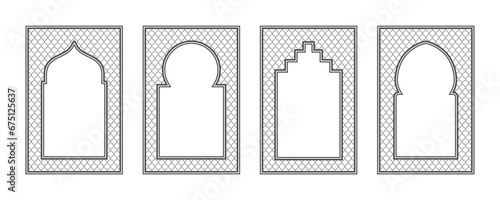 Islamic frame with arch and ornament. Ramadan gate on geometric background for wedding invitation design. Vector oriental decorations set. photo