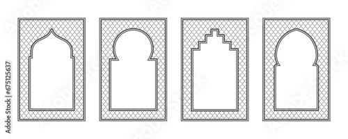 Islamic frame with arch and ornament. Ramadan gate on geometric background for wedding invitation design. Vector oriental decorations set.