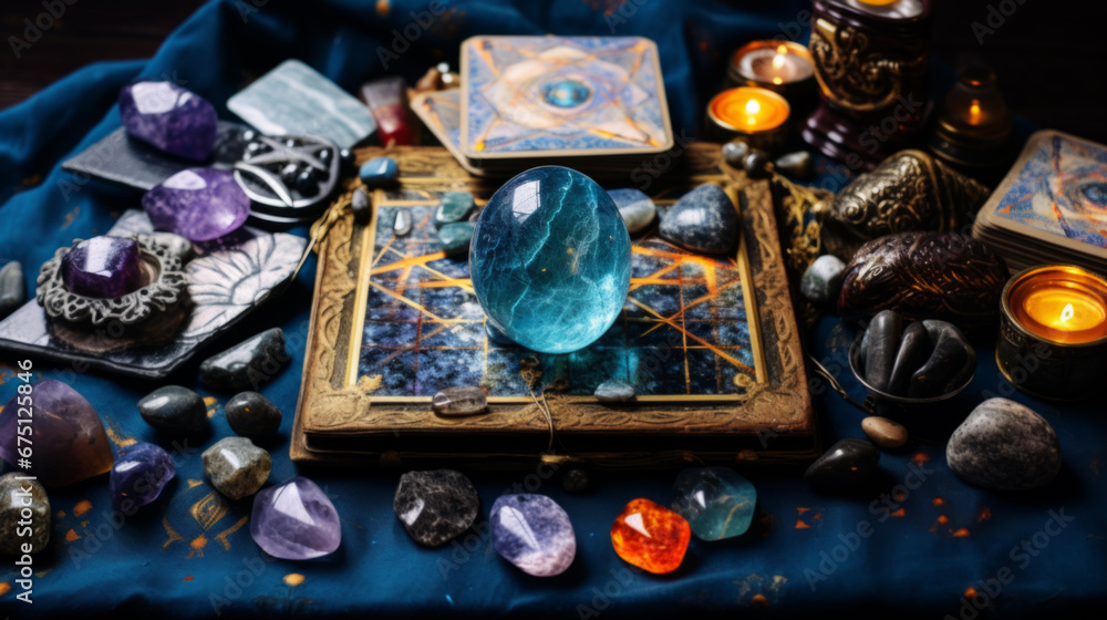 Beautiful esoteric and mystical altar for meditation with crystals and semi-precious stones Beautiful esoteric and mystical altar for meditation with crystals and semi-precious stones