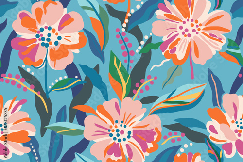 Colorful patterns depicting tropical plants, flowers, flower twigs, leaves on a blue background. Foliage of exotic plants in summer for banners, prints, decor.