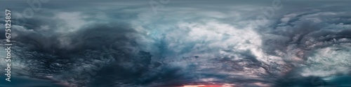 Dramatic overcast sky panorama with dark gloomy Cumulonimbus clouds. HDR 360 seamless spherical panorama. Sky dome in 3D, sky replacement for aerial drone panoramas. Weather and climate change concept photo
