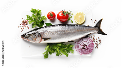 Raw mackerel scomber fish with ingredients for cooking in baking dish white background photo