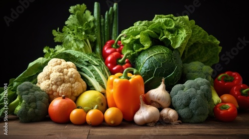 Healthy food ,fresh vegetables, green leafy vegetables,concept on old black wooden table