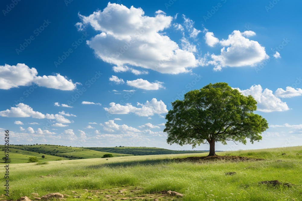 Beautiful bright colorful summer spring landscape with lonely tree on field, fresh green grass on meadow, and blue sky with clouds