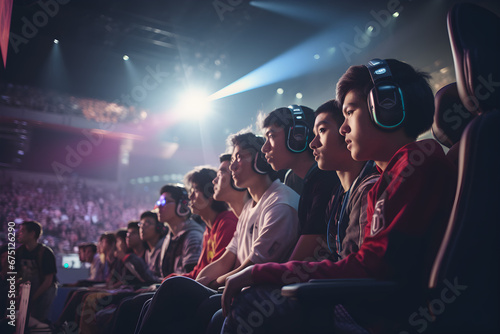 diverse shot of teens watching esports competition event at gaming conference