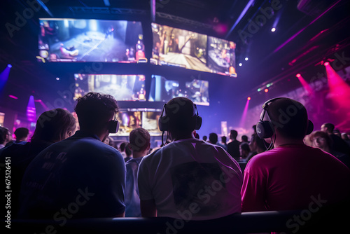diverse shot of young men watching esports competition event at gaming conference