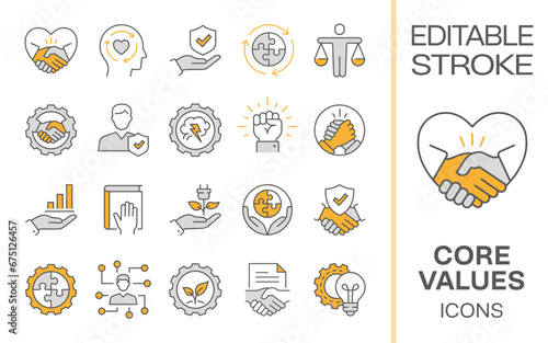 Core values icons, such as business, social responsibility, mission, integrity, leadership and more. Editable stroke.