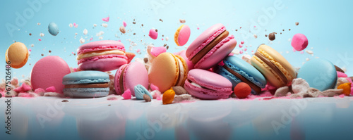 Different types of macaroons in motion falling on a colorful background