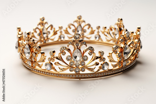 Elegant golden crown with precious stones on a white background. Generated by artificial intelligence