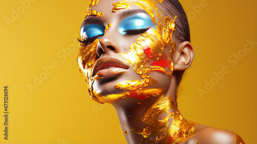 Gold Paint smudges drips from the face. Beauty woman makeup close up