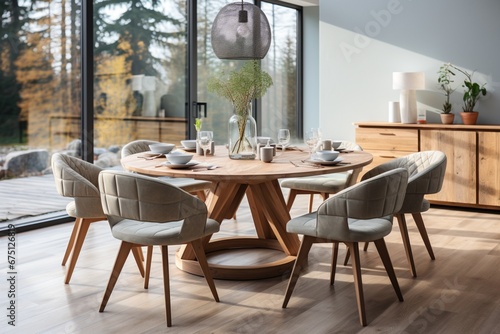 Chic interior design of modern Scandinavian dining room with a round wooden table © roy9