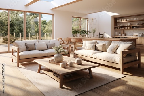 Classic home interior design of a modern living room with a wooden dining table on a woven rug and a beige sofa © roy9