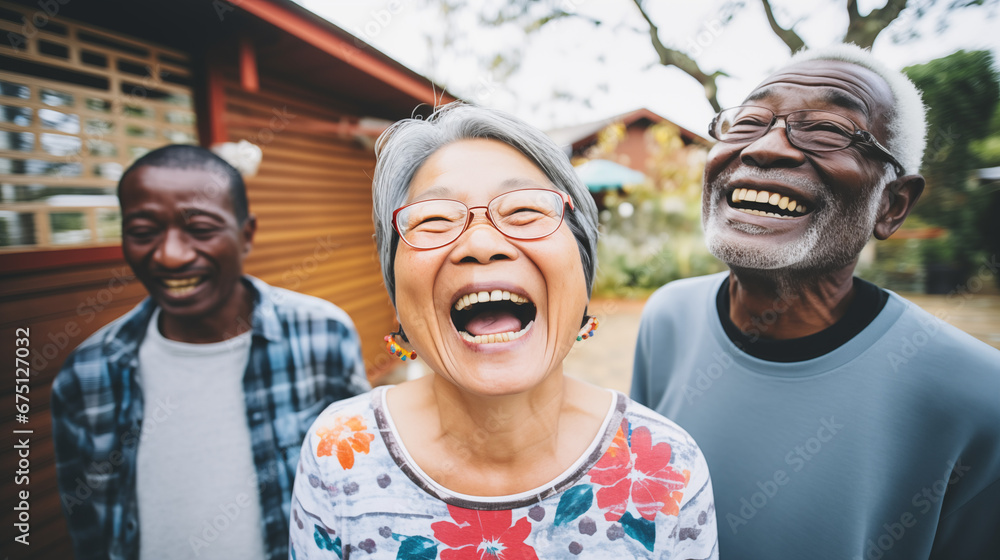 Laughing diverse Senior Friends Together Outdoors Laughing diverse Senior Friends Together Outdoors