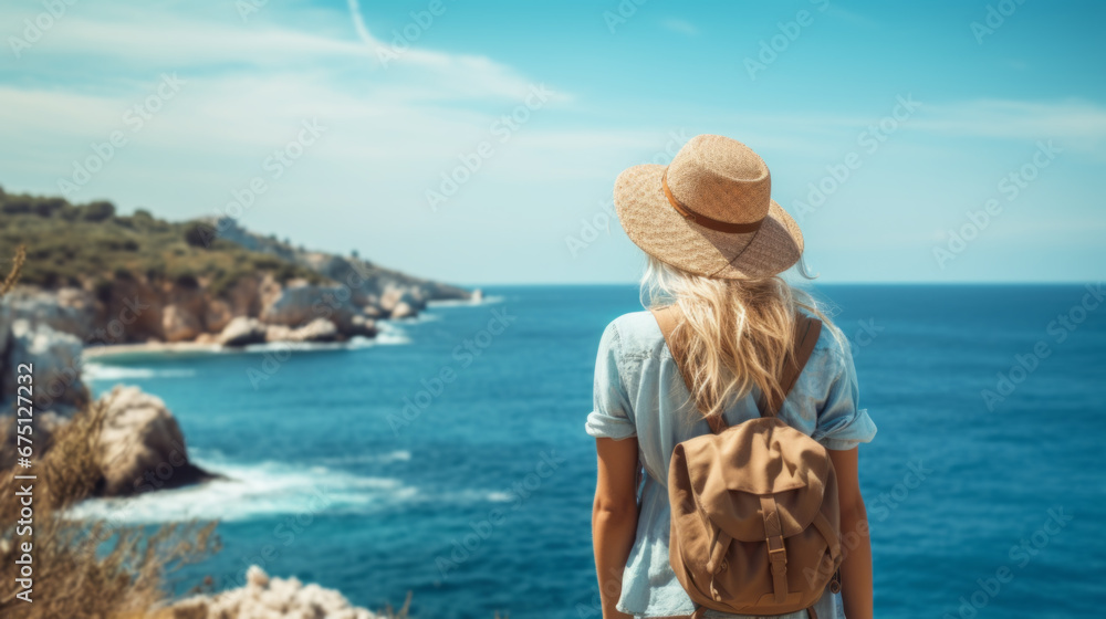 Young travel girl sitting at viewpoint. Hipster girl with backpack. Young travel girl sitting at viewpoint. Hipster girl with backpack.