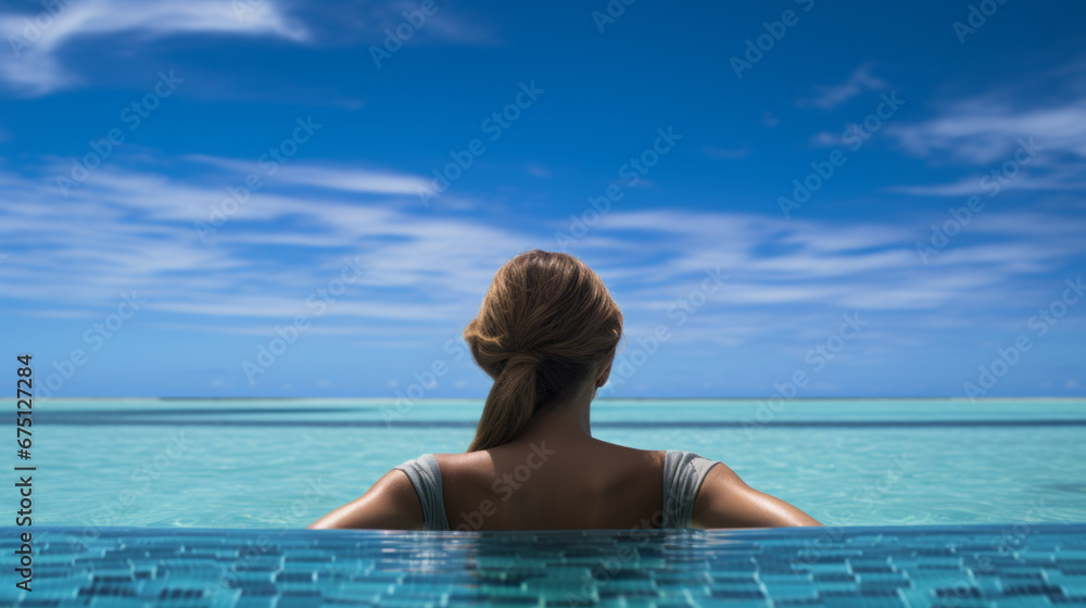Young woman in infinity pool vacation concept Young woman in infinity pool vacation concept