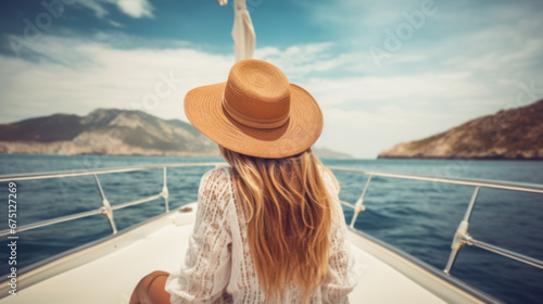 Beautiful young woman in hat and white dress relaxing on luxury yacht
