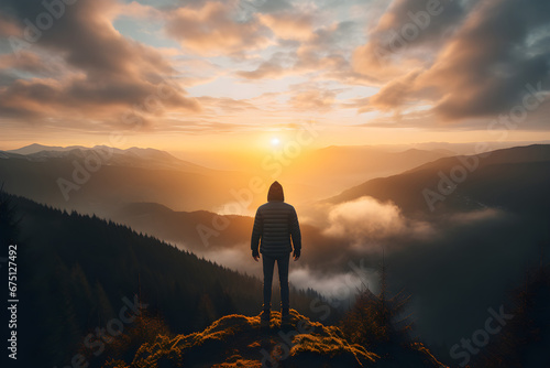 Traveler man stand on mountain looking on beautiful view with foggy valley and sunbeams on sunset