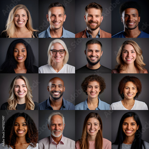 Group of various diverse people for profile picture on grey background. Diversity concept photo