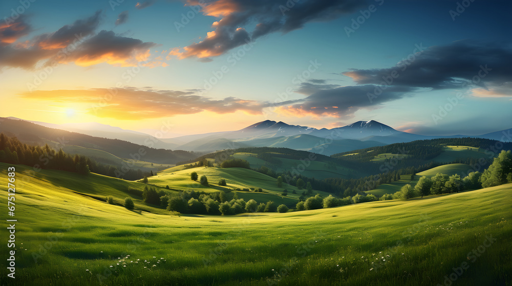 Summer landscape with hilly green field and forest in the distance and blue clear sky. Summer landscape with hilly green field and forest in the distance and blue clear sky.