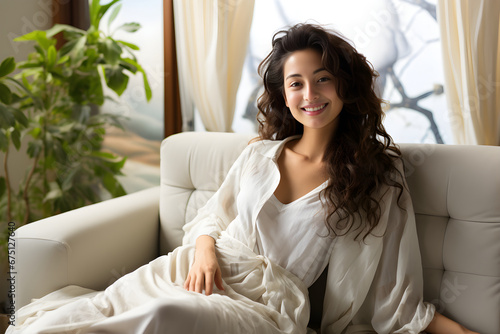 Happy beautiful woman sitting on couch at home. Relaxation, wellbeing concept