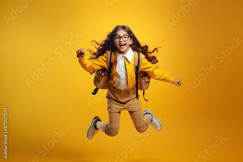 Portrait of cute little girl in school uniform surprised or happy over yellow background. Copy space