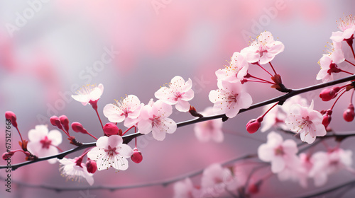 Pink cherry blossom in spring. Flower blossoms with light pink petals. Pink tree branch. Sakura.