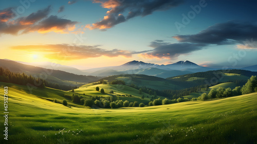 Summer landscape with hilly green field and forest in the distance and blue clear sky.