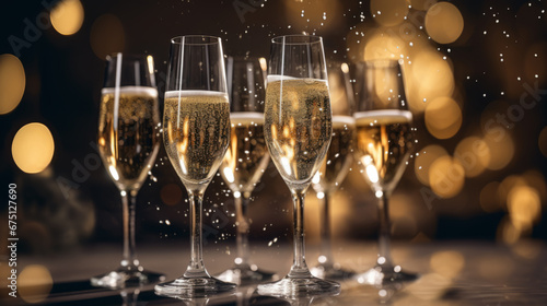 High angle of champagne glasses and christmas decorations on a dark festive background.