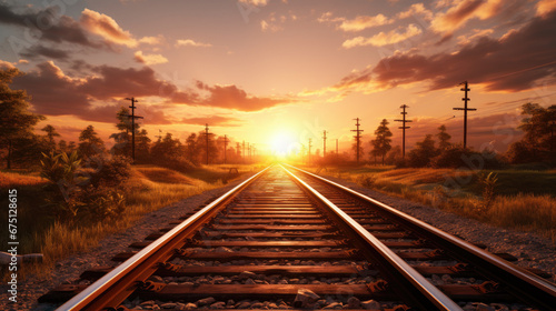 Railway Track in a Rural Scene at Sunrise Time,Detailed view of scene featuring sunset over railway. © kiatipol