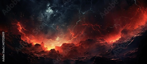 The abstract illustration showcases a stunning backdrop with a dark black sky filled with vividly lit stars and a vibrant red sun surrounded by captivating clouds and an explosion of light 