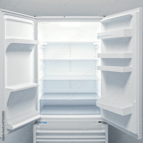 3D rendering of an open white fridge with two doors with a bright lighting