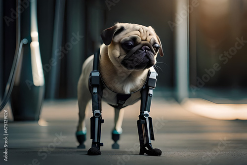 A pug dog with prosthetic front legs a gray background