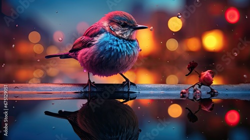 a colorful bird sitting on the edge of a body of water with a reflection of the city in the water.  generative ai