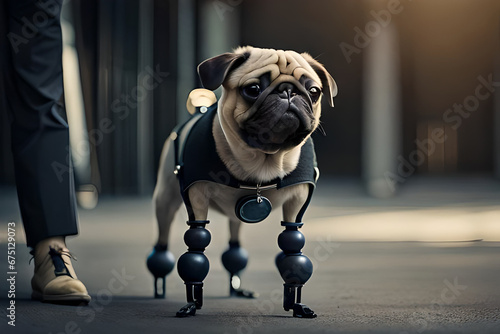 A pug dog with prosthetic front legs a gray background