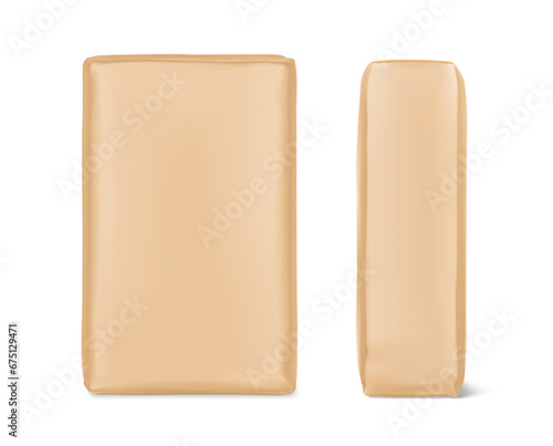 Vertical bag package mockup. Front and side view. Vector illustration isolated on white background. Easy to use for presentation your product, idea, promo, design. EPS10.