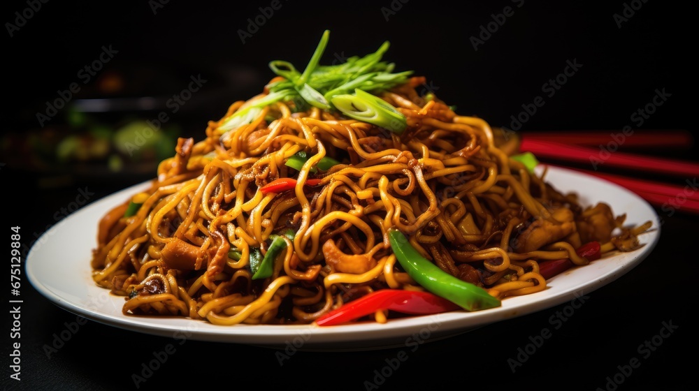  a close up of a plate of food with noodles and vegetables on a table with chopsticks in the background.  generative ai