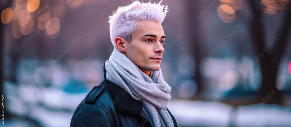 In the park a young adult man with white hair showcases his fashion ...