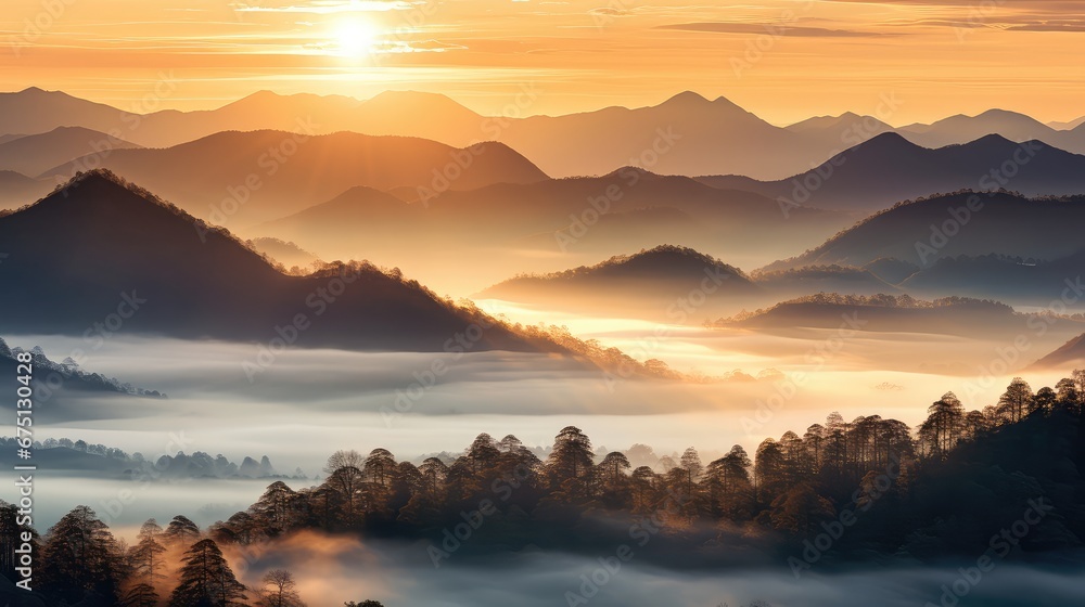 Obraz premium sunrise land dawn fog landscape illustration meadow scape, country summer, sun tree sunrise land dawn fog landscape