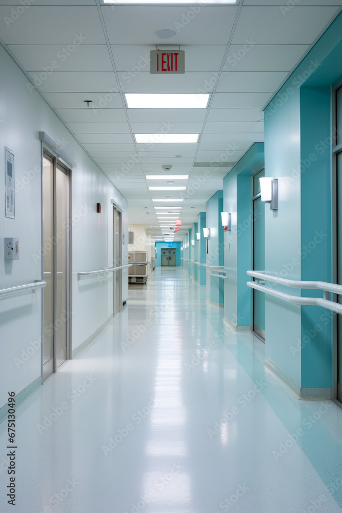 Long hallway with blue wall and white door. Long hallway with blue wall and white door.