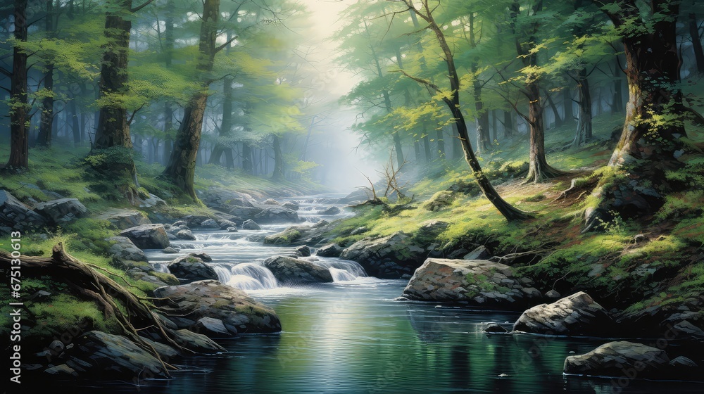 forest water scene tree landscape illustration natural scenic, picturesque park, beautiful stream forest water scene tree landscape - obrazy, fototapety, plakaty 