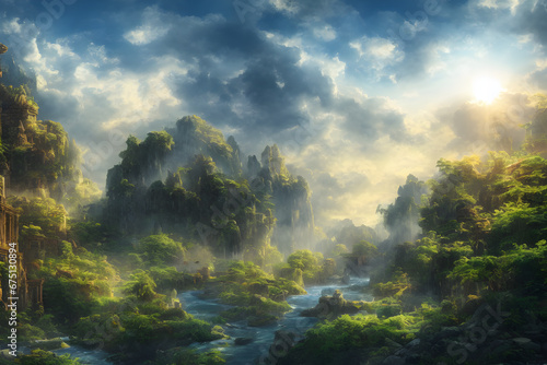 AI-generated illustration of a river in the forest under a cloudy sky.