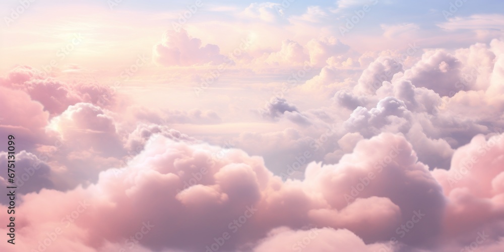 Pastel pink clouds and skies, view from top, surreal and dreamy styling .